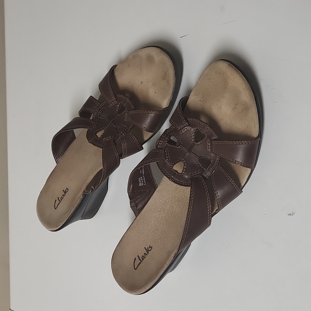Brown Leather upper Clarks womens Slip-ons sandals in size  9M